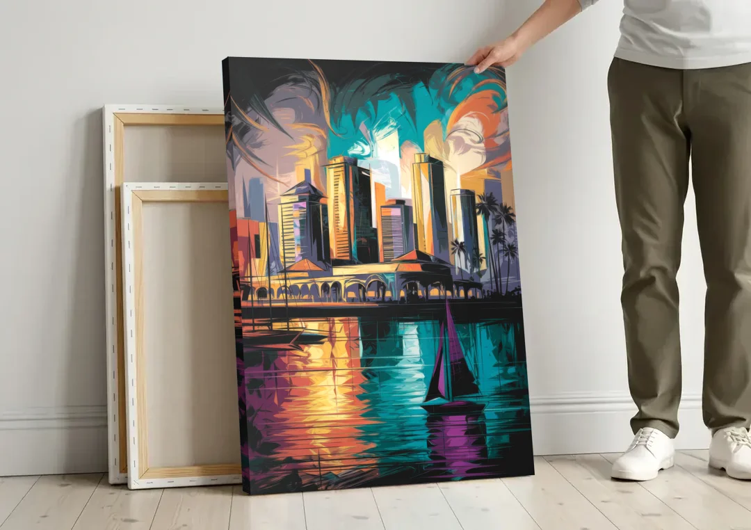 Corpus Christi Downtown Scene canvas wall art leaning against a wall next to blank canvases