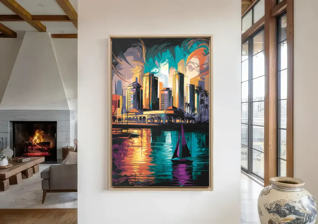 Corpus Christi Downtown Scene canvas wall art in a living room with a fireplace