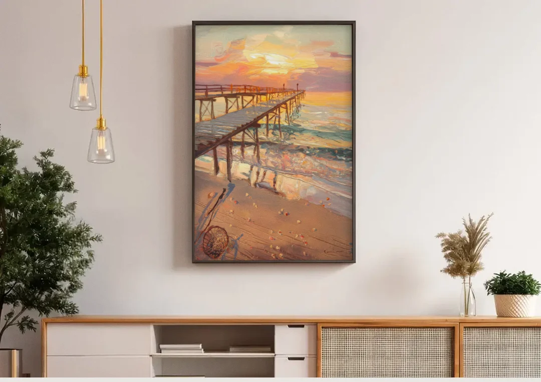 Corpus Christi Fishing Pier canvas wall art above a wooden sideboard under pendant lights