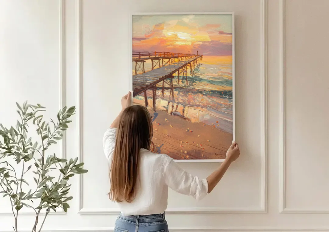 Corpus Christi Fishing Pier canvas wall art being hung on a paneled wall