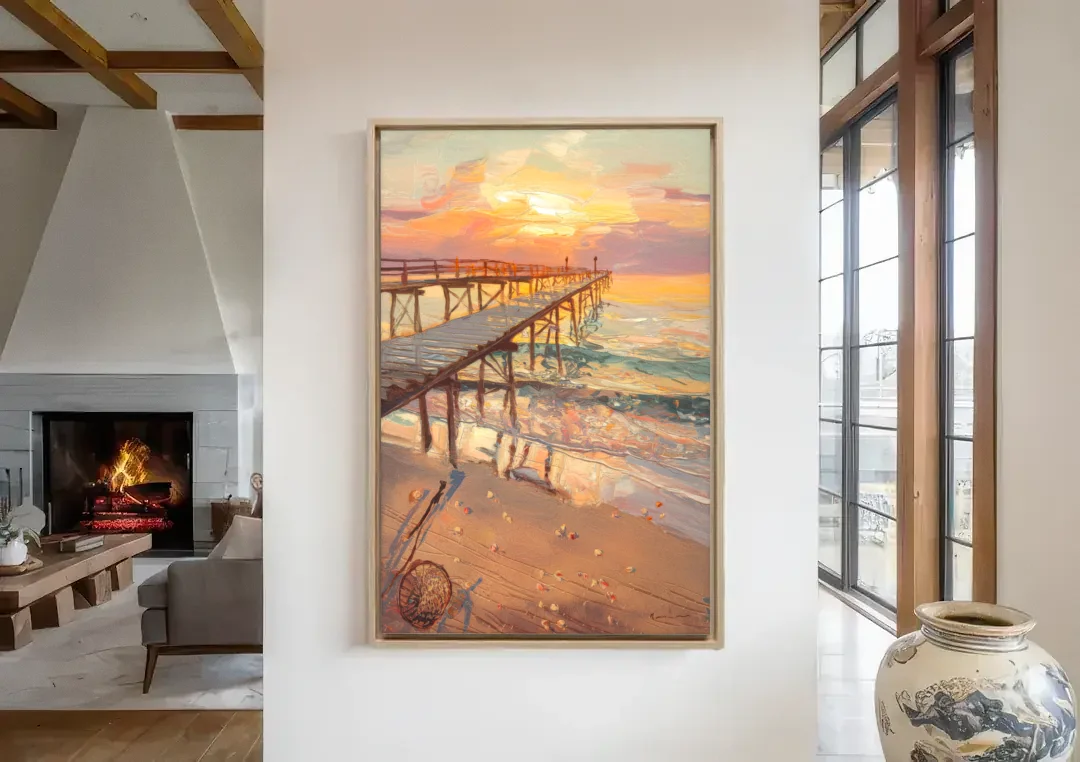 Corpus Christi Fishing Pier canvas wall art in a living room with a fireplace