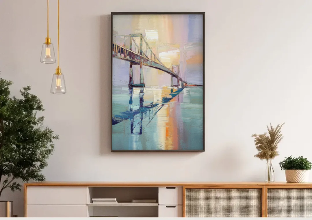 Corpus Christi Harbor Bridge canvas wall art above a wooden sideboard under pendant lights