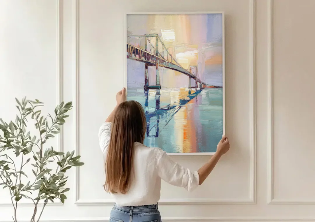 Corpus Christi Harbor Bridge canvas wall art being hung on a paneled wall