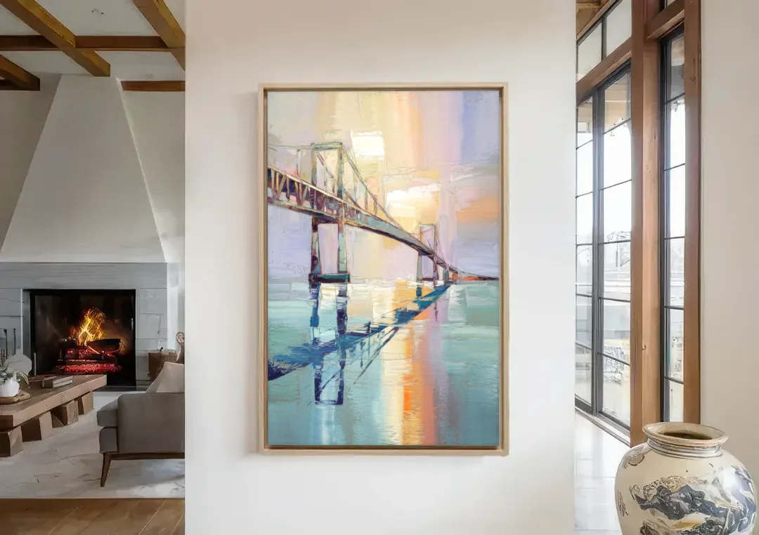 Corpus Christi Harbor Bridge canvas wall art in a living room with a fireplace