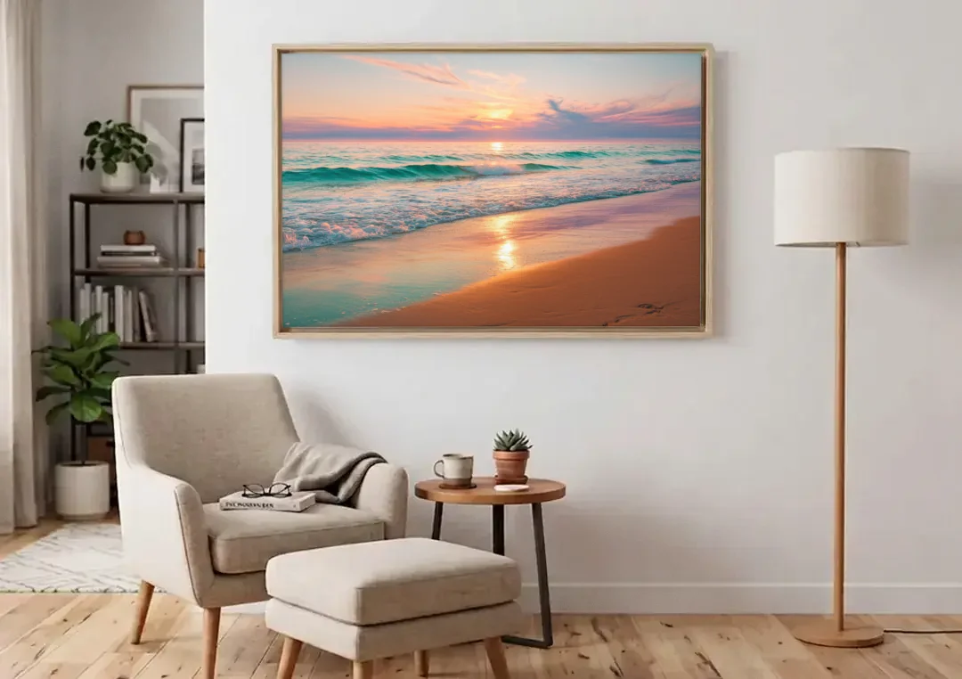 Corpus Christi Padre Island canvas wall art above an armchair in a bright living room