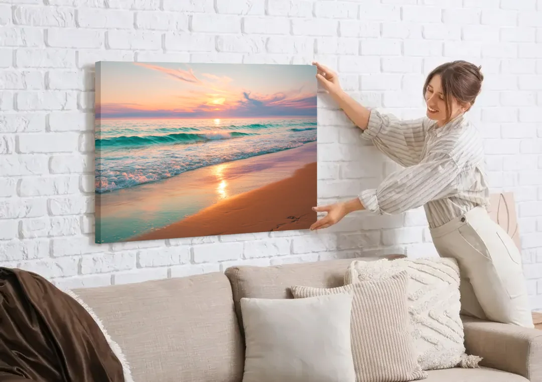 Corpus Christi Padre Island canvas wall art being hung on a white brick wall above a sofa