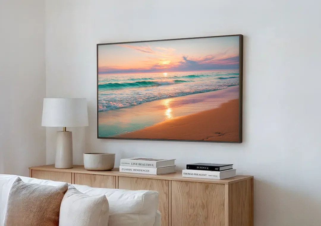 Corpus Christi Padre Island canvas wall art above a wooden sideboard next to a sofa