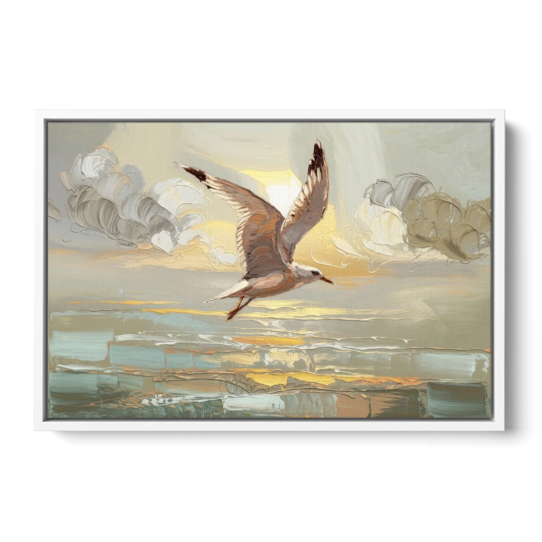 Corpus Christi Seagulls In Flight - White Framed Canvas Wall Art - Front