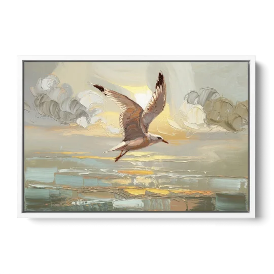 Corpus Christi Seagulls In Flight - White Framed Canvas Wall Art - Front