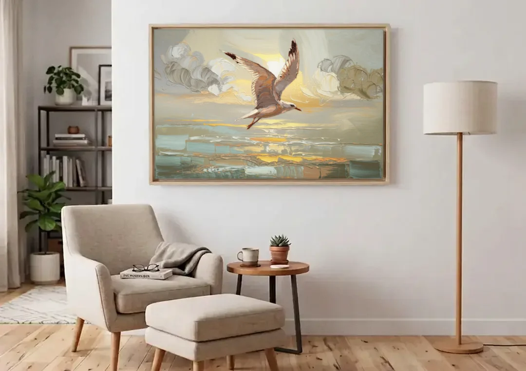 Corpus Christi Seagulls In Flight canvas wall art above an armchair in a bright living room
