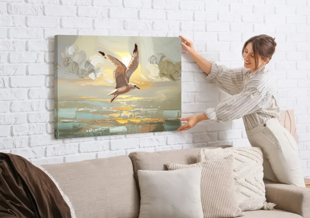 Corpus Christi Seagulls In Flight canvas wall art being hung on a white brick wall above a sofa