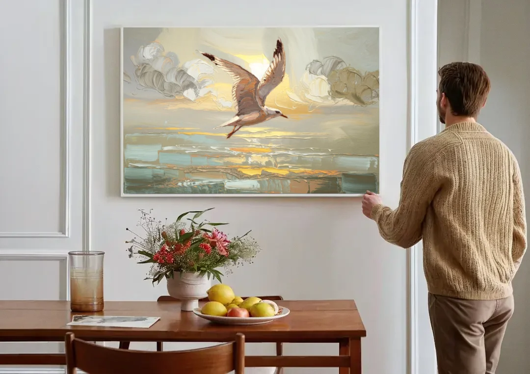 Corpus Christi Seagulls In Flight canvas wall art above a dining table