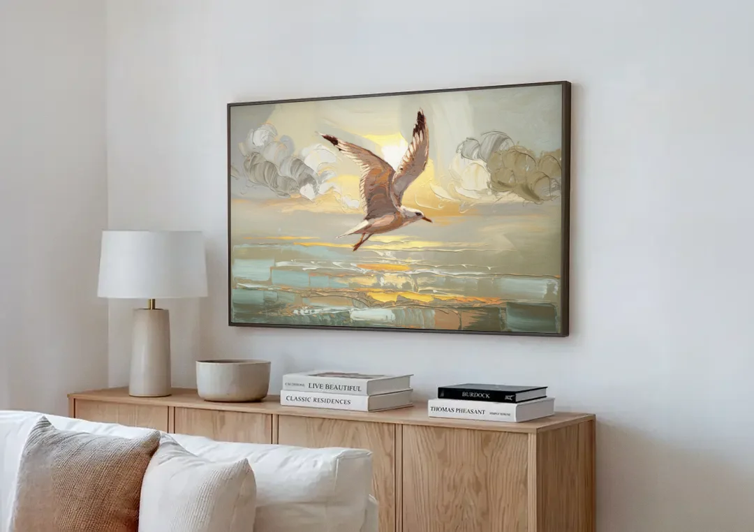 Corpus Christi Seagulls In Flight canvas wall art above a wooden sideboard next to a sofa