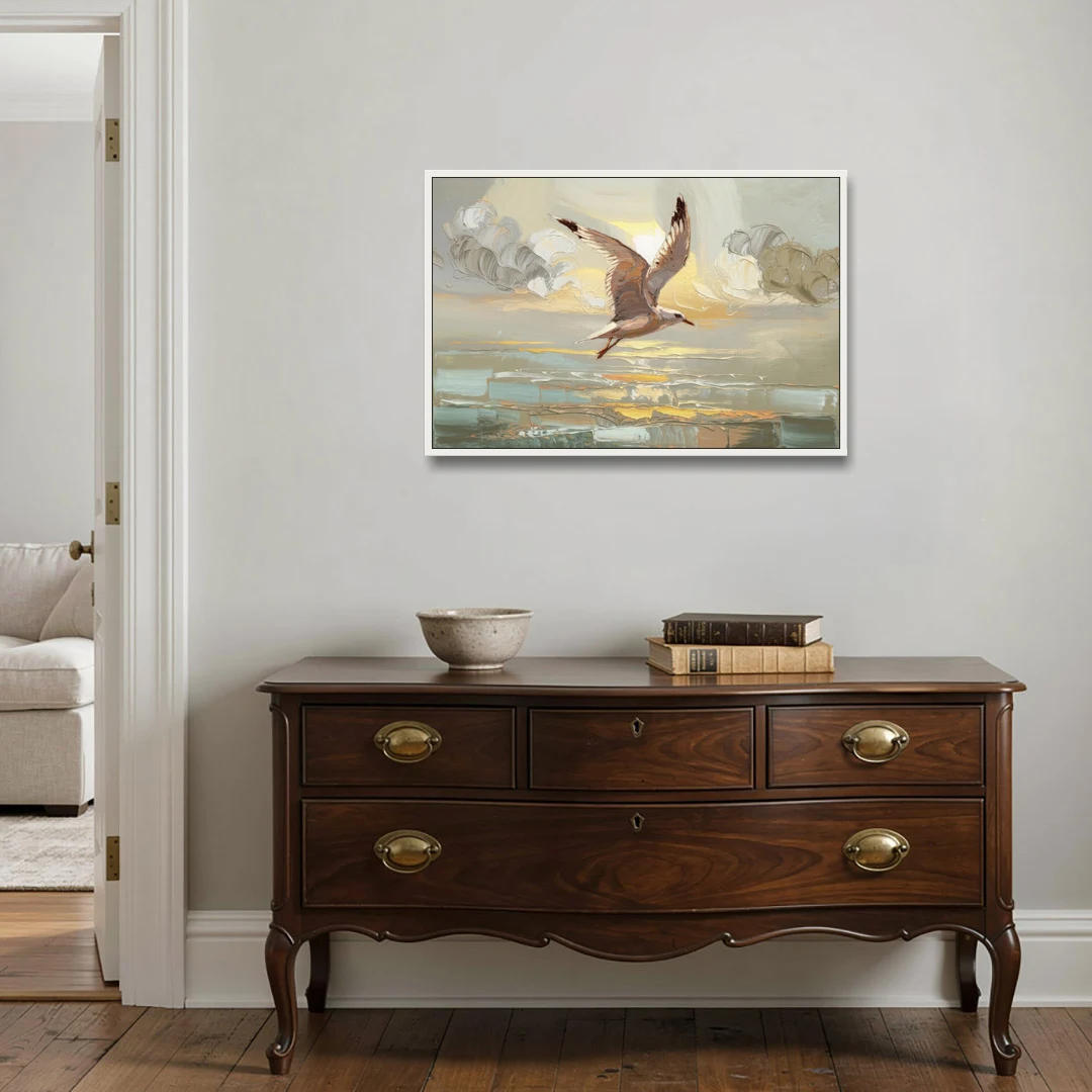 Corpus Christi Seagulls In Flight - White Framed Canvas Wall Art - Coffee Table - 36x24