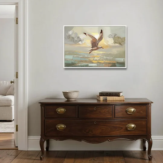 Corpus Christi Seagulls In Flight - White Framed Canvas Wall Art - Coffee Table - 36x24
