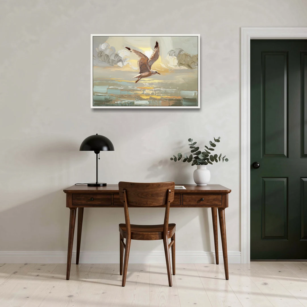 Corpus Christi Seagulls In Flight - White Framed Canvas Wall Art - Office - 36x24