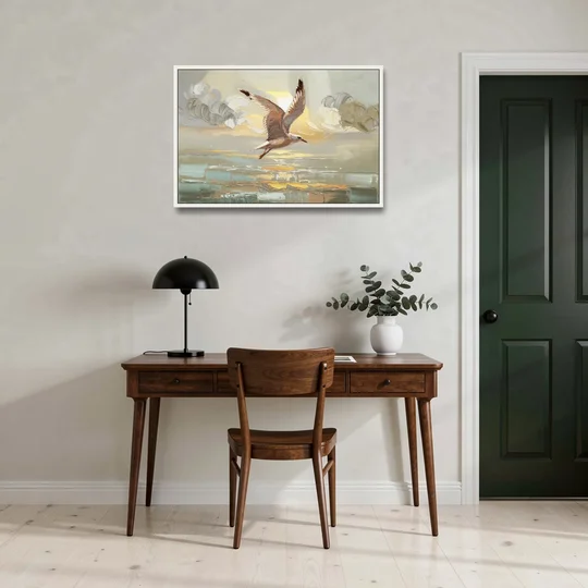 Corpus Christi Seagulls In Flight - White Framed Canvas Wall Art - Office - 36x24