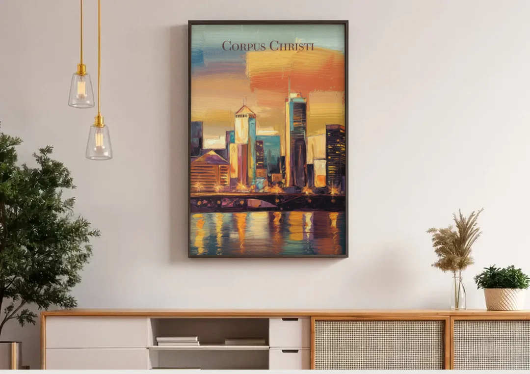 Corpus Christi Skyline View canvas wall art above a wooden sideboard under pendant lights