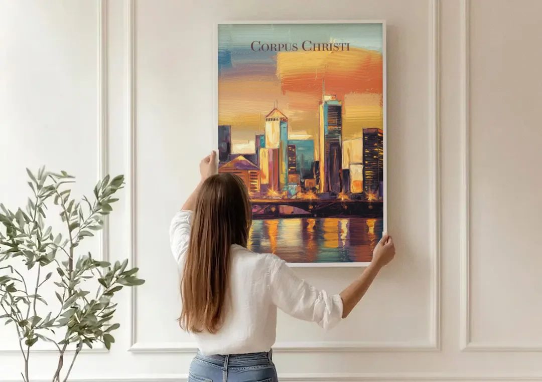 Corpus Christi Skyline View canvas wall art being hung on a paneled wall