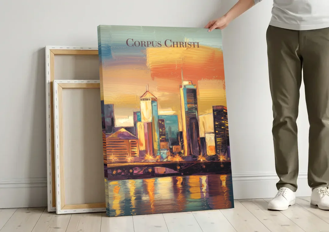 Corpus Christi Skyline View canvas wall art leaning against a wall next to blank canvases