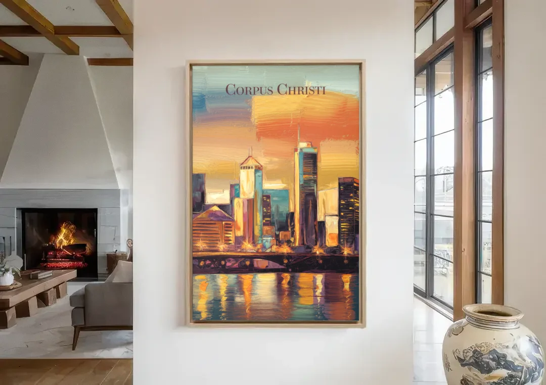 Corpus Christi Skyline View canvas wall art in a living room with a fireplace