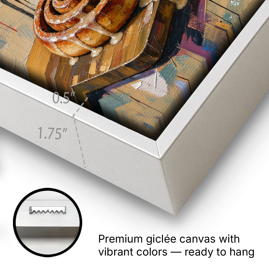 Cortado and Cinnamon Roll for the Coffee Bar - White Framed Canvas Wall Art - Gallery Wrap Corner