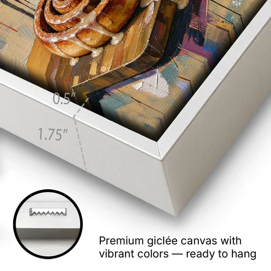 Cortado and Cinnamon Roll for the Coffee Bar - White Framed Canvas Wall Art - Gallery Wrap Corner