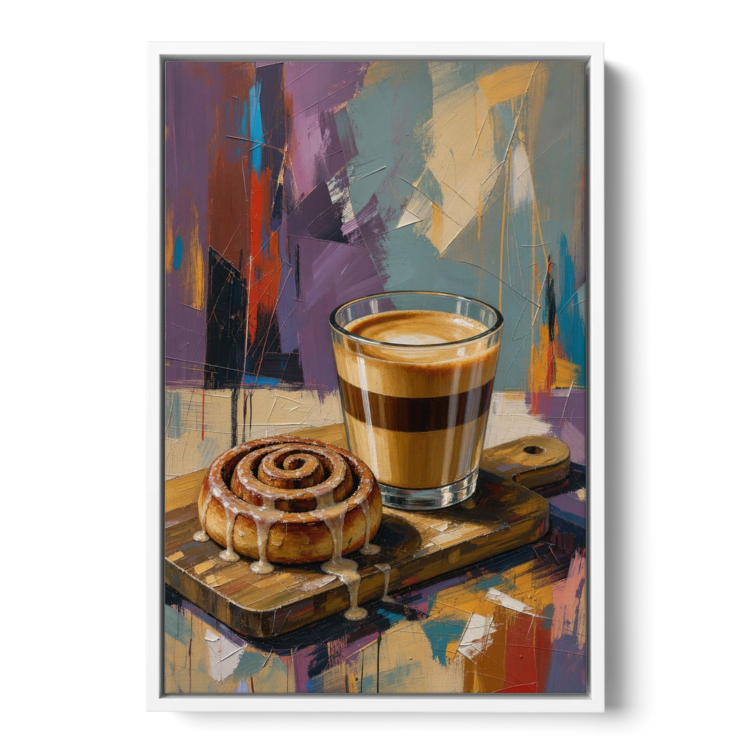 Cortado and Cinnamon Roll for the Coffee Bar - White Framed Canvas Wall Art - Front