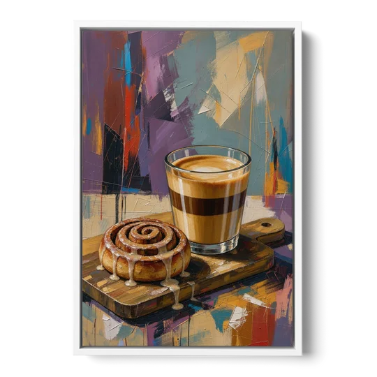 Cortado and Cinnamon Roll for the Coffee Bar - White Framed Canvas Wall Art - Front
