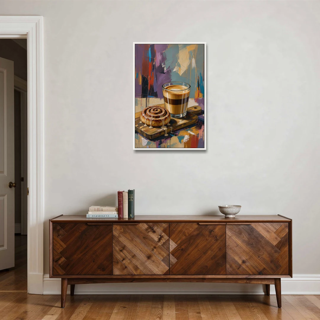 Cortado and Cinnamon Roll for the Coffee Bar - White Framed Canvas Wall Art - Coffee Table - 24x36