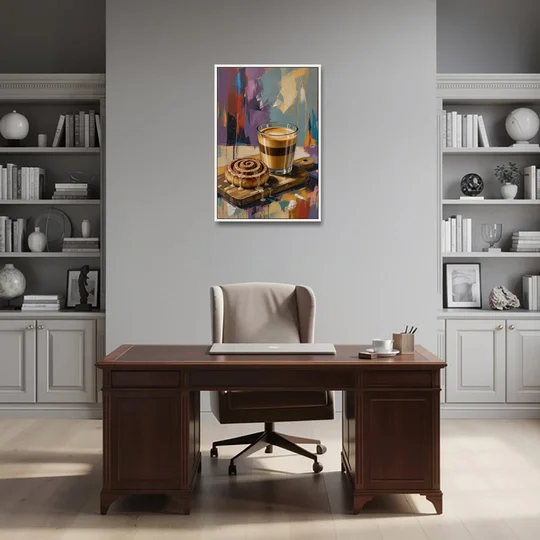 Cortado and Cinnamon Roll for the Coffee Bar - White Framed Canvas Wall Art - Office - 24x36