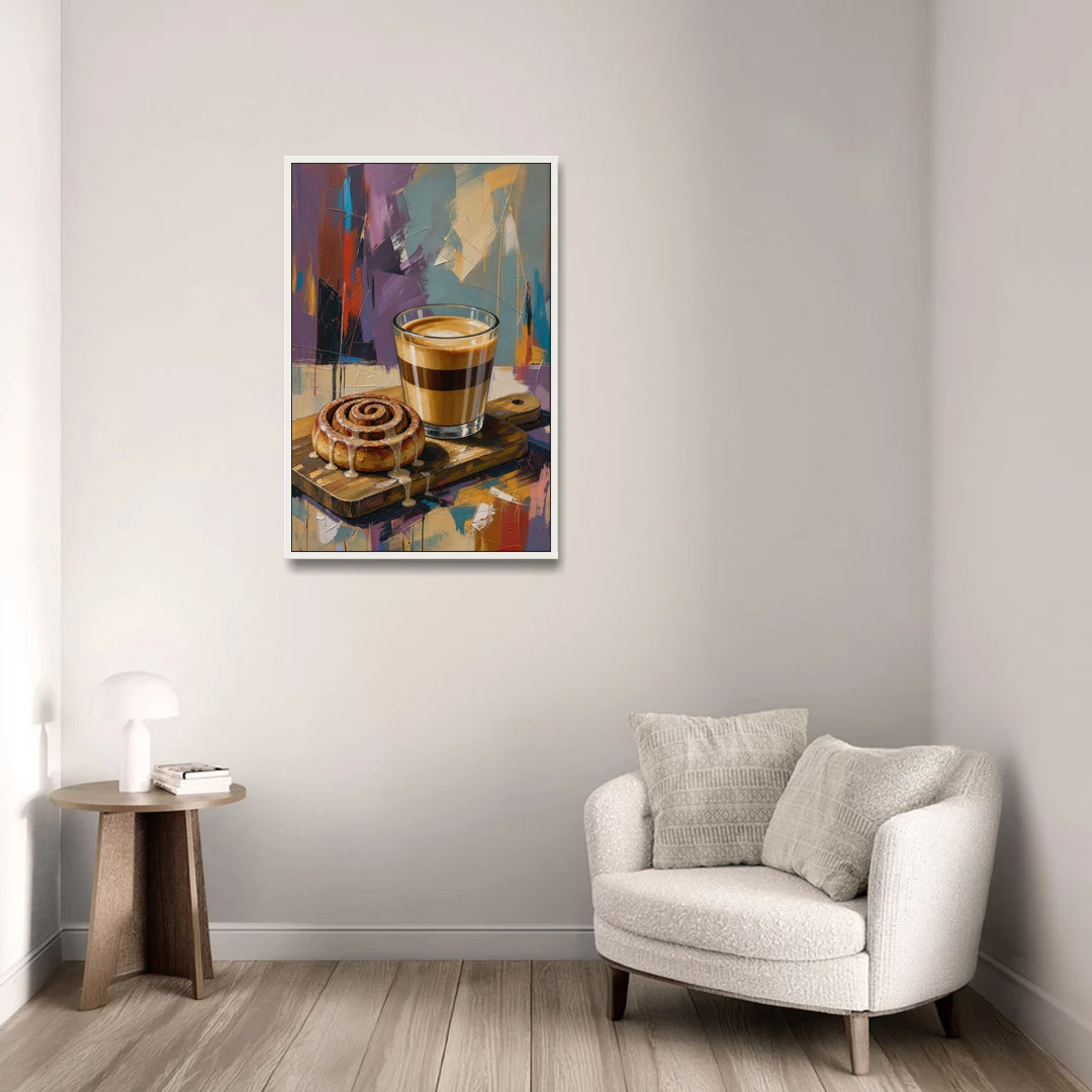 Cortado and Cinnamon Roll for the Coffee Bar - White Framed Canvas Wall Art - Sofa - 24x36