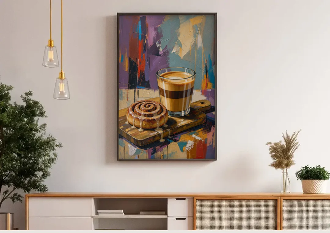 Cortado and Cinnamon Roll for the Coffee Bar canvas wall art above a wooden sideboard under pendant lights