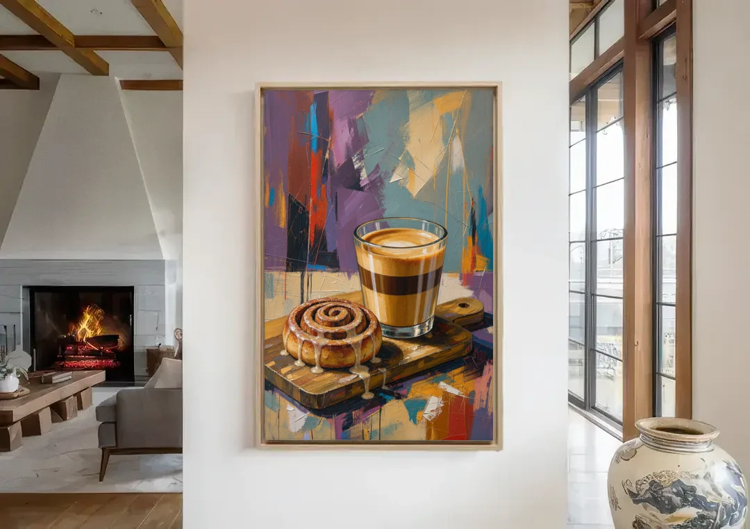Cortado and Cinnamon Roll for the Coffee Bar canvas wall art in a living room with a fireplace