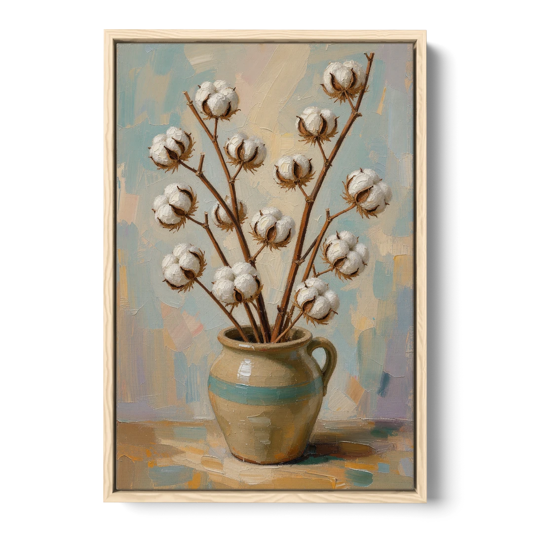 Cotton Painting Canvas in a Stoneware Crock - Oak Framed Canvas Wall Art - Front