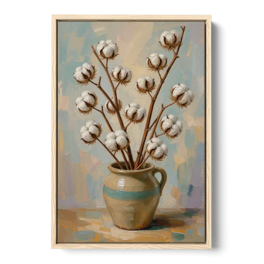 Cotton Painting Canvas in a Stoneware Crock - Oak Framed Canvas Wall Art - Front