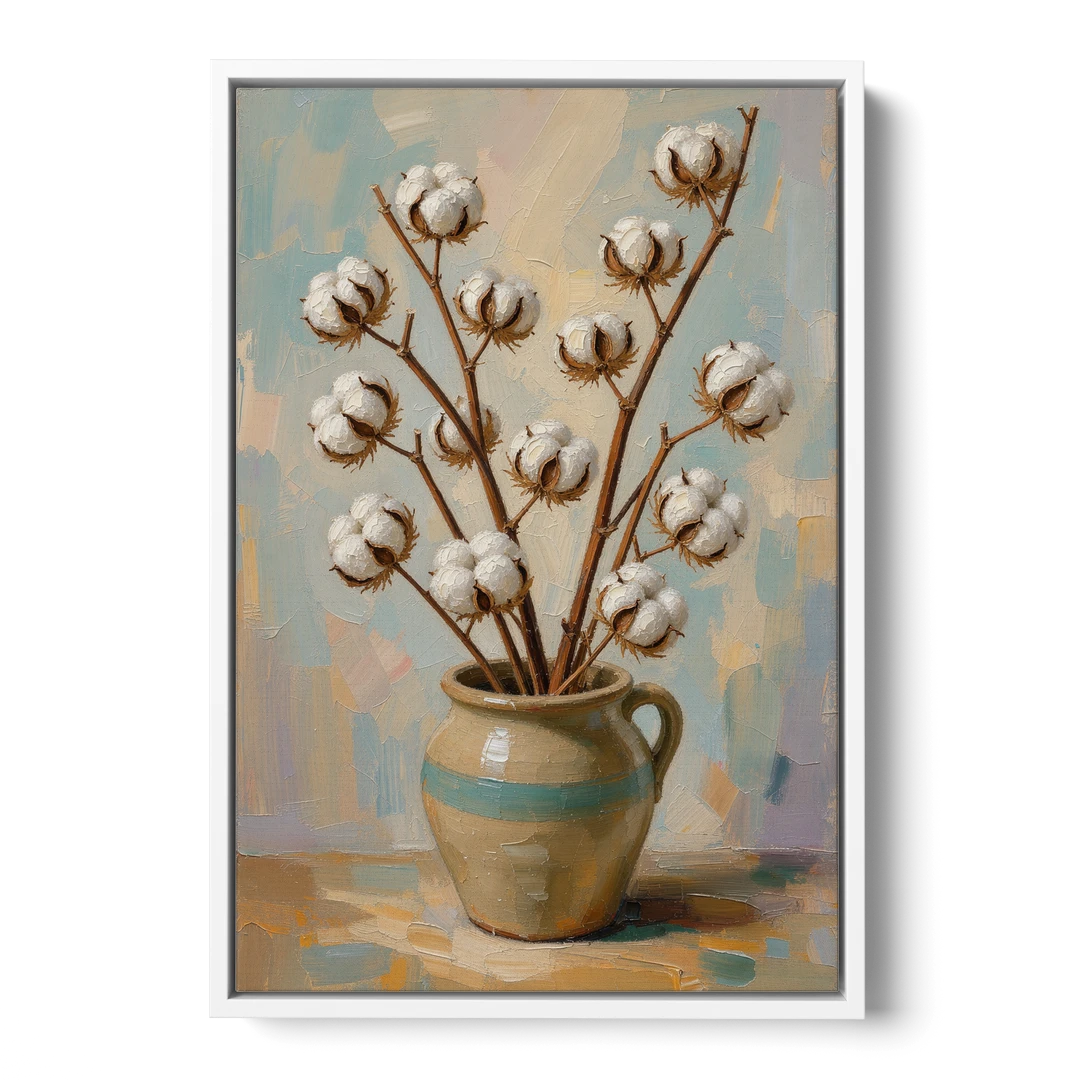 Cotton Painting Canvas in a Stoneware Crock - White Framed Canvas Wall Art - Front