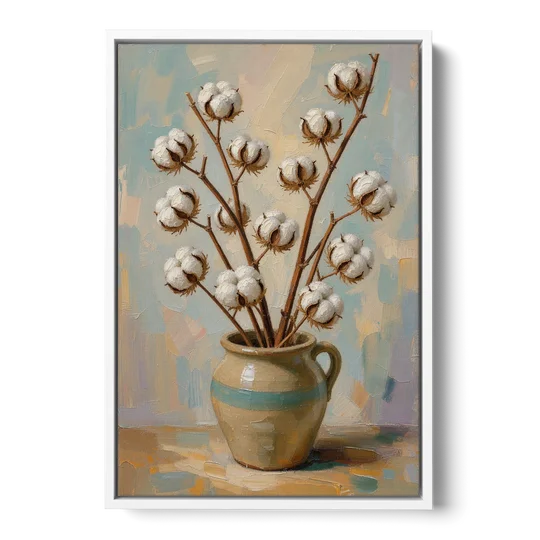 Cotton Painting Canvas in a Stoneware Crock - White Framed Canvas Wall Art - Front
