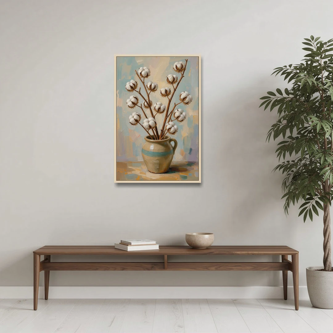 Cotton Painting Canvas in a Stoneware Crock - Oak Framed Canvas Wall Art - Coffee Table - 24x36