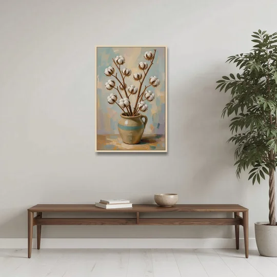 Cotton Painting Canvas in a Stoneware Crock - Oak Framed Canvas Wall Art - Coffee Table - 24x36