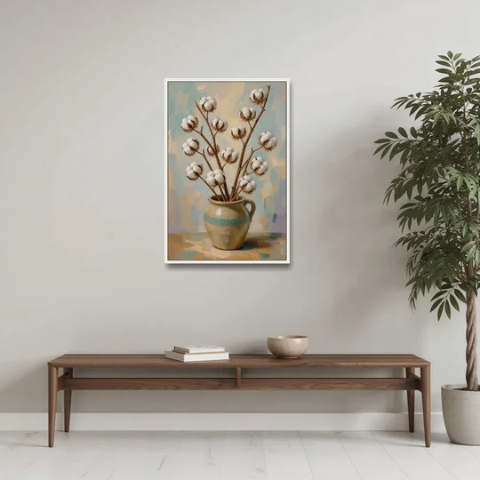 Cotton Painting Canvas in a Stoneware Crock - White Framed Canvas Wall Art - Coffee Table - 24x36