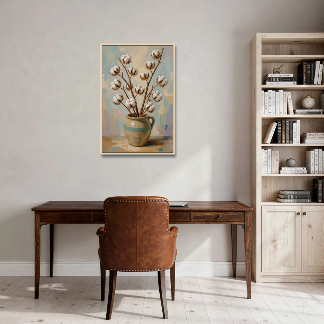 Cotton Painting Canvas in a Stoneware Crock - Oak Framed Canvas Wall Art - Office - 24x36
