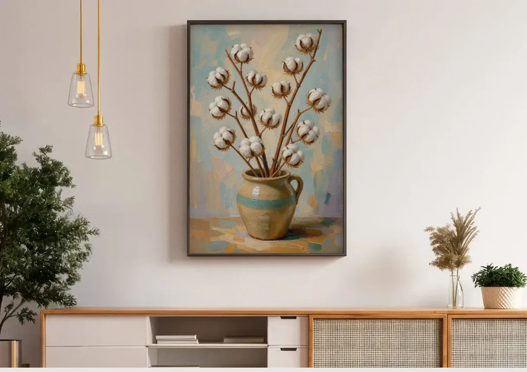 Cotton Painting Canvas in a Stoneware Crock canvas wall art above a wooden sideboard under pendant lights