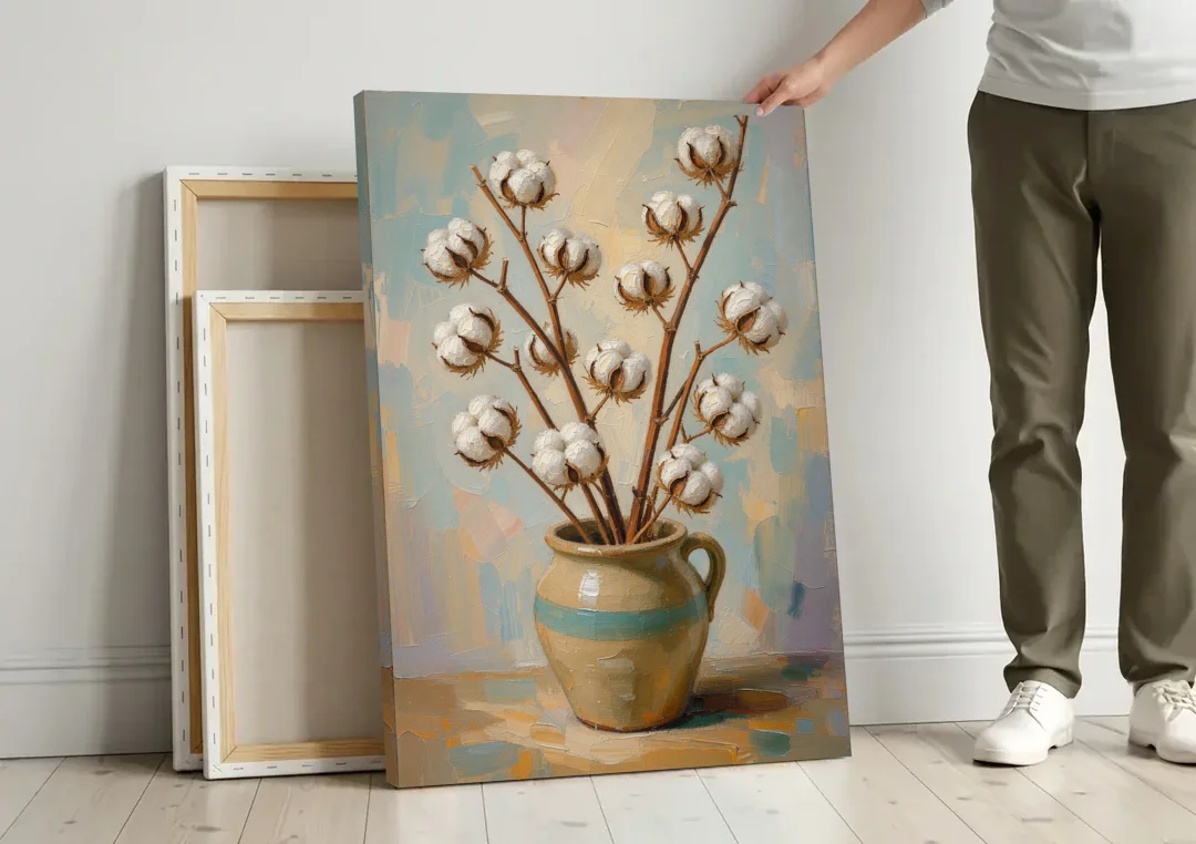 Cotton Painting Canvas in a Stoneware Crock canvas wall art leaning against a wall next to blank canvases