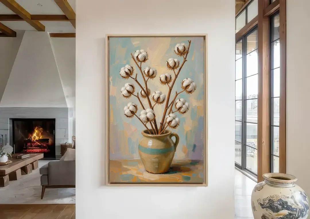 Cotton Painting Canvas in a Stoneware Crock canvas wall art in a living room with a fireplace