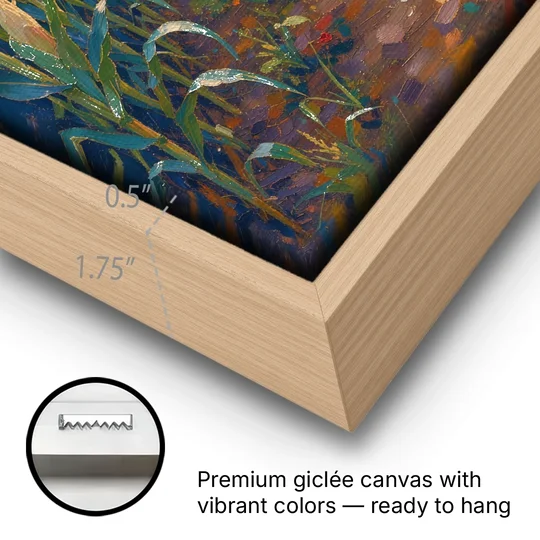 Country Landscape Painting of Corn Rows at Sunset - Oak Framed Canvas Wall Art - Gallery Wrap Corner
