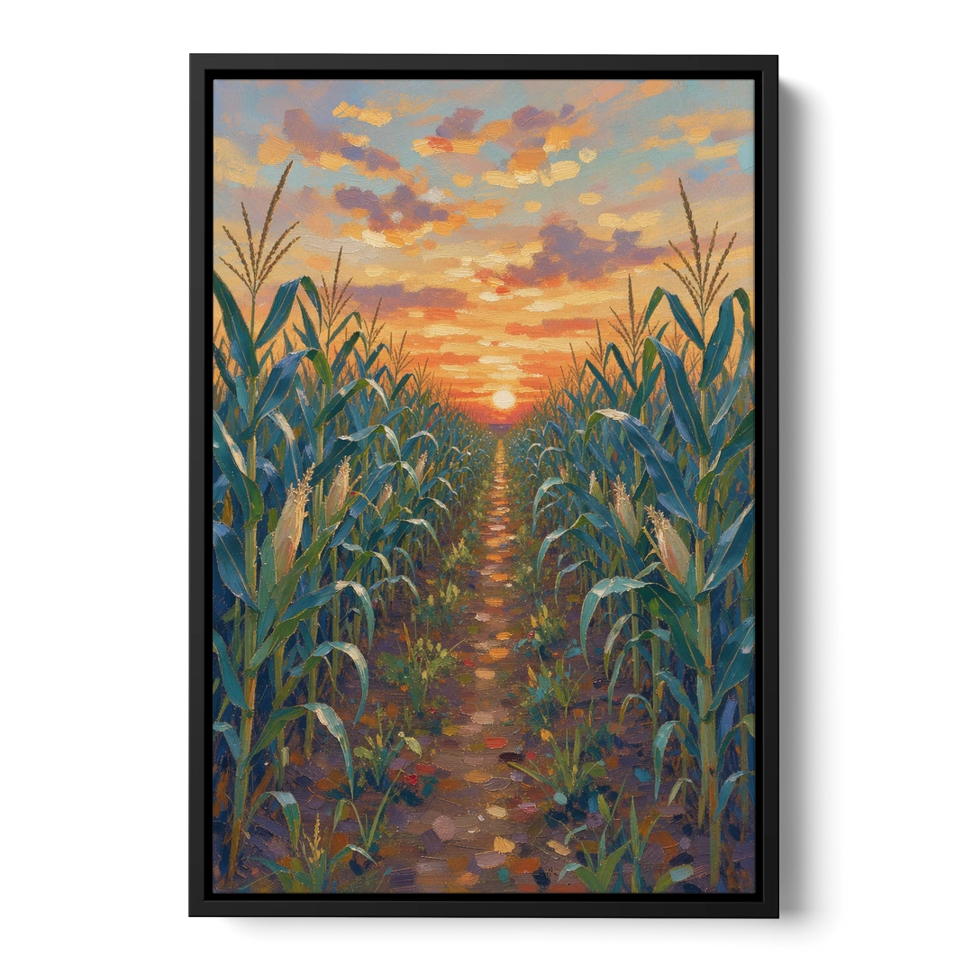 Country Landscape Painting of Corn Rows at Sunset - Black Framed Canvas Wall Art - Front
