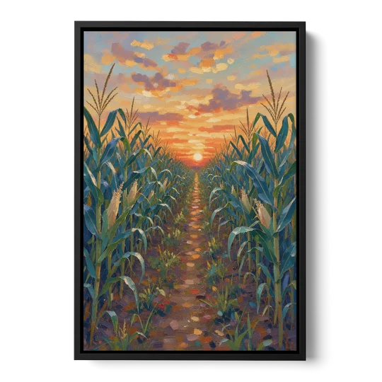 Country Landscape Painting of Corn Rows at Sunset - Black Framed Canvas Wall Art - Front