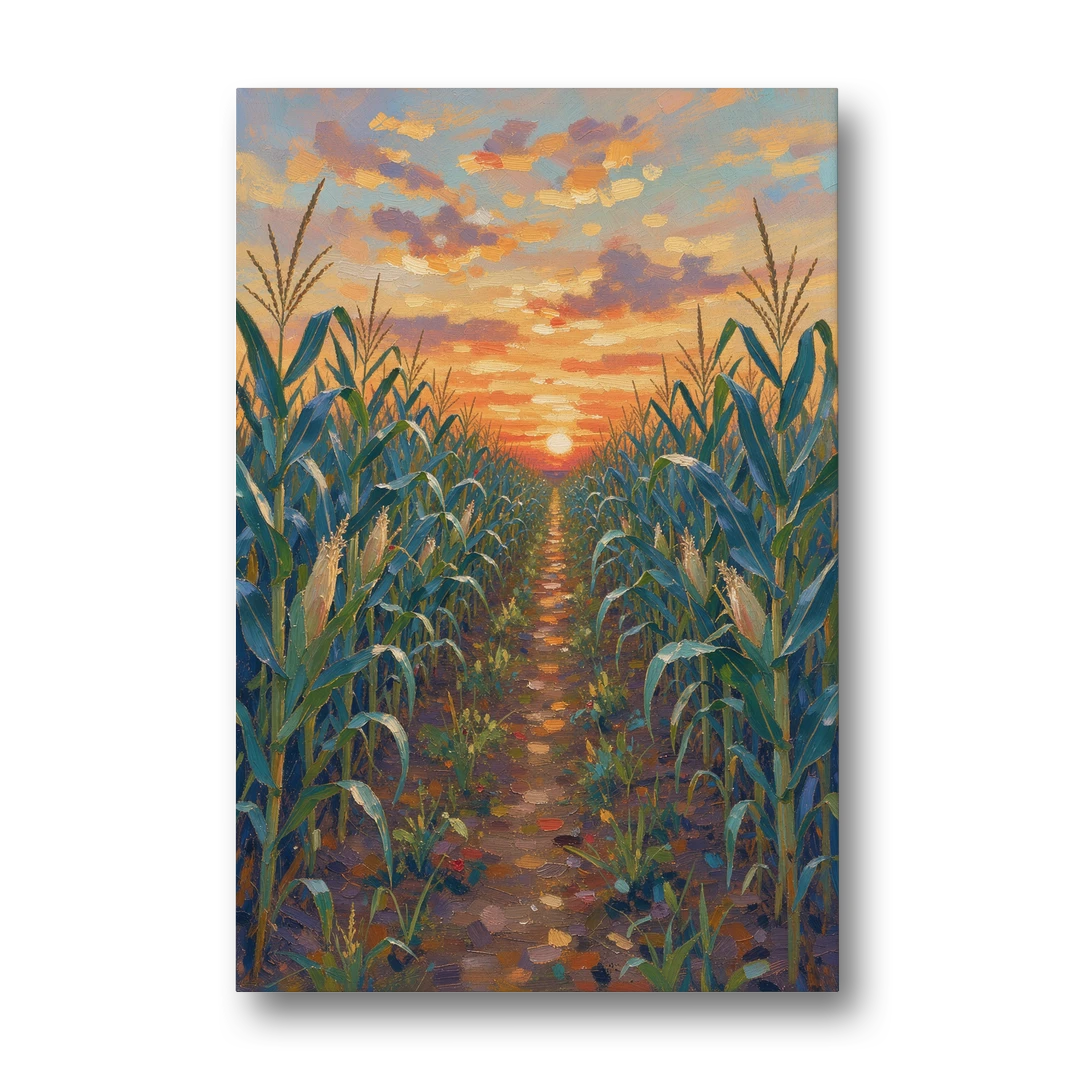 Country Landscape Painting of Corn Rows at Sunset - Canvas Wall Art - Front