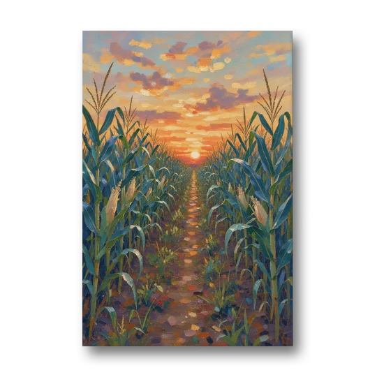 Country Landscape Painting of Corn Rows at Sunset - Canvas Wall Art - Front